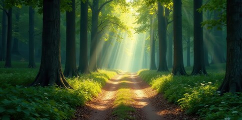 Obraz premium Sunbeams Illuminate a Mystical Forest Path, Creating an Enchanting Scene of Tranquility and Natural Beauty