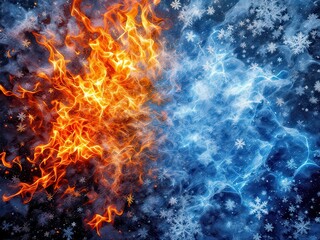 A dramatic scene depicting the contrast of fire and ice elements, symbolizing power and opposition, ideal for energy, nature, or fantasy designs.