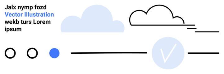 Cloud-shaped outlines, minimalistic tick mark in blue circle, and text elements. Ideal for tech, data storage, minimalism, digital, verification communication and modern design themes. Landing page