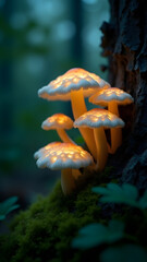 Fototapeta premium Frilly Sparassis crispa mushrooms glowing under soft light at the base of a tree in a dense forest.