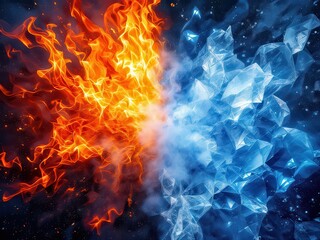 A dramatic scene depicting the contrast of fire and ice elements, symbolizing power and opposition, ideal for energy, nature, or fantasy designs.