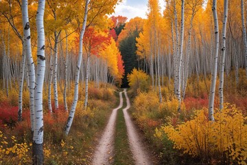Fototapeta premium Enchanting Autumn Pathway of Colorful Aspens and Birches in Nature
