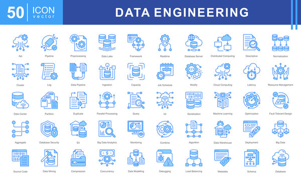 Data Engineering icon set featuring icons for data processing, pipelines, cloud computing, machine learning, and big data management. Ideal for IT, analytics, and database infrastructure projects.