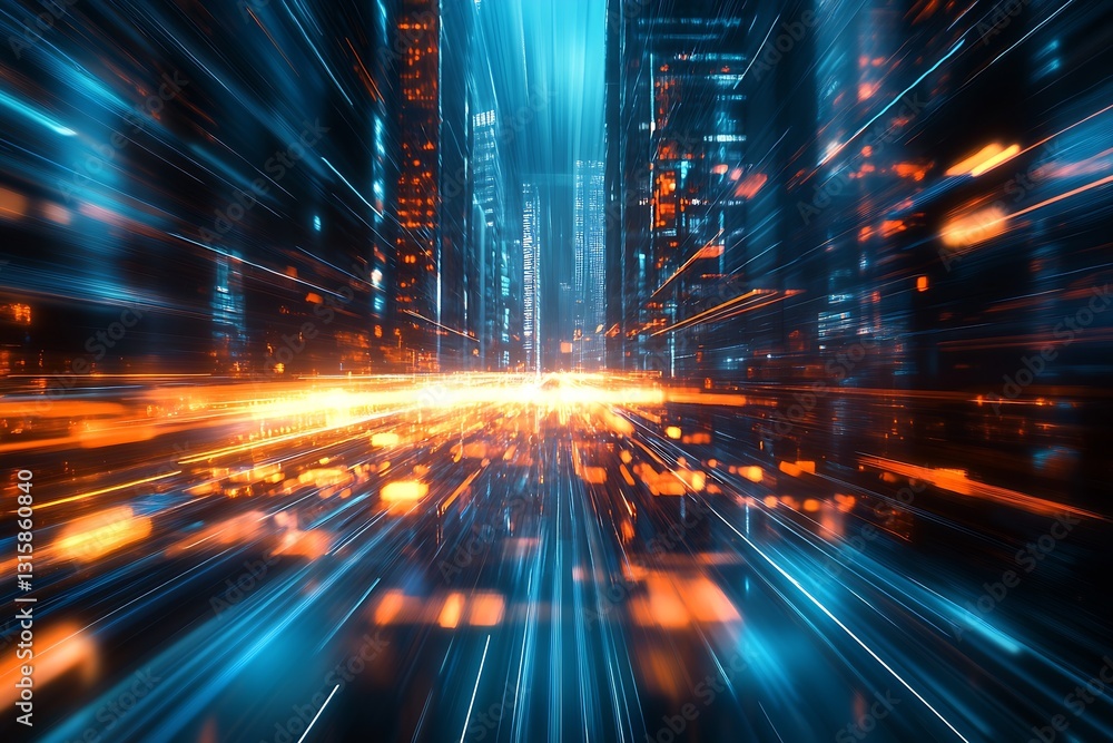 Poster Futuristic cityscape with rapid light streaks creating a digital atmosphere in a cyberpunk style : Generative AI