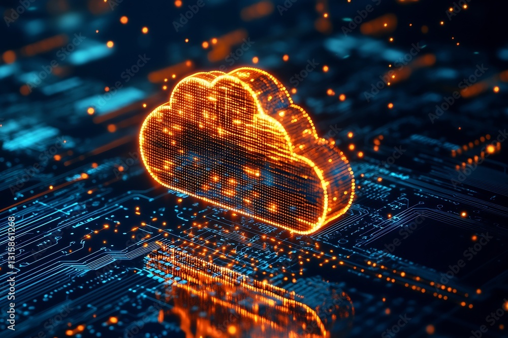Poster Stylized cloud symbol illuminated on digital circuit board depicts modern cloud computing and digital infrastructure : Generative AI
