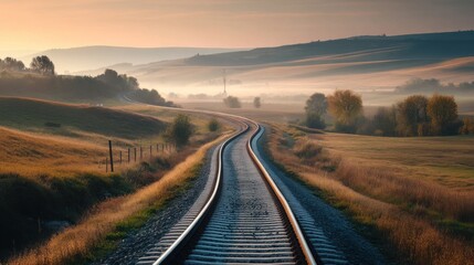 Endless Journey: A Railway Vanishing into a Misty Horizon at Sunrise