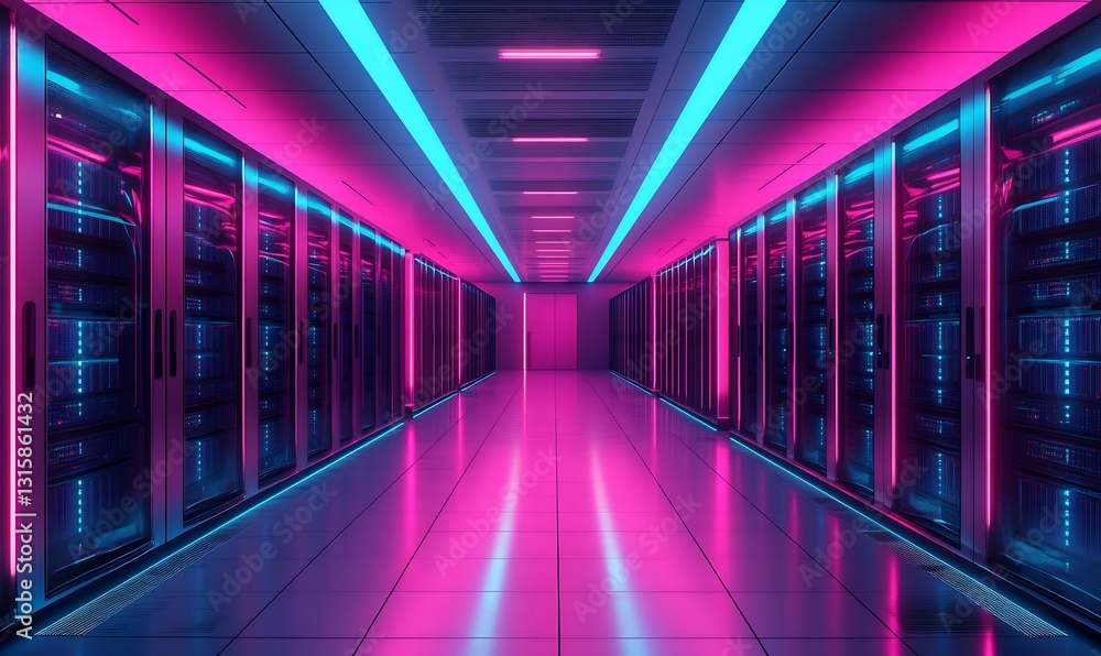 Leinwandbilder futuristic data center corridor with sleek server racks illuminated by colorful neon lights : genera