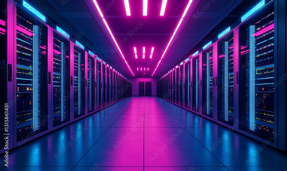 Poster advanced data center with neon blue and pink lights highlighting the server machines : generative ai
