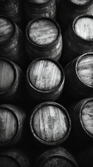 Rustic Aged Wooden Wine Barrels: Vintage Black & White Textures in Cellar Photography