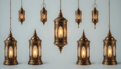 Obraz premium Set of isolated eastern lanterns. Arab fanous or vintage fanoos, antique glowing lamp with candle or hanging muslim light for arabic holiday. 