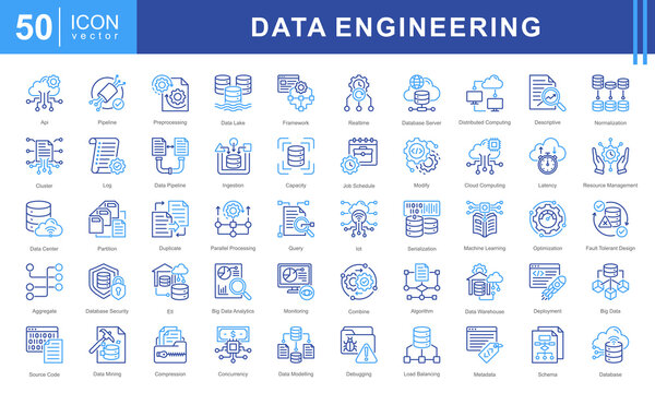 Data Engineering icon set featuring icons for data processing, pipelines, cloud computing, machine learning, and big data management. Ideal for IT, analytics, and database infrastructure projects.