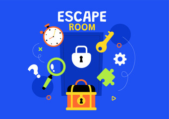Escape Room Vector Illustration featuring People Solving Puzzles, Searching for Keys, Escaping Traps, and Finding Solutions to Challenging Questions