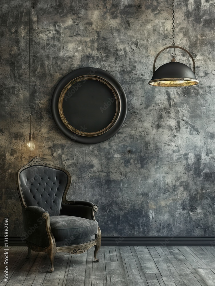 Aufkleber sophisticated gallery backdrop featuring a portrait frame and vintage armchair with artistic lightin