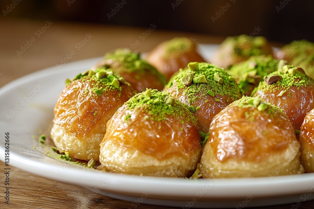 Poster delightful and rich mini pastries filled with nuts and drizzled with sweet syrup served on a plate :