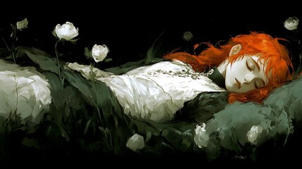 Redhead sleeps amidst white flowers, dark night