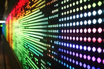 Luminous LED display showcasing a spectrum of colorful data metrics and analytical trends in a modern setting : Generative AI
