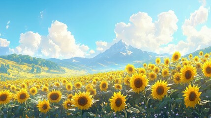Obraz premium A field of sunflowers blooming in the spring, under a bright, clear blue sky 