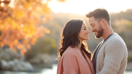 Fototapeta premium Intimate connection of couple amid scenic nature at autumn sunset portrait photography