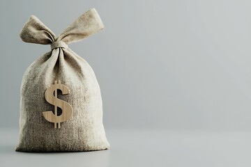 Minimalistic burlap pouch featuring a wooden dollar emblem reflecting financial stability and prosperity : Generative AI