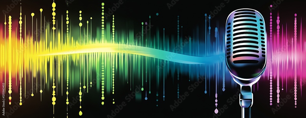 Poster Stylish retro microphone set against colorful sound wave graphics for music and audio visuals : Generative AI