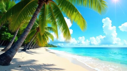 Obraz premium Serene Tropical Beach Scene Lush Palm Trees Frame a Pristine Shoreline and Azure Ocean Under a Sunny Sky