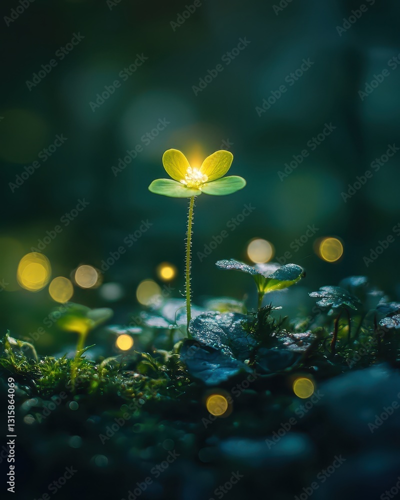 Poster glowing flower in soft focus with bokeh background at twilight