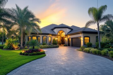 Obraz premium Luxury home at sunset, landscaped yard. Ideal for real estate, luxury living, and home design websites.
