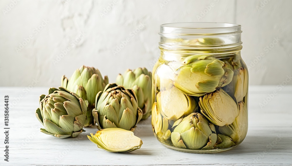 Aufkleber beautifully preserved artichokes in a jar emphasizing their unique shape and flavor : generative ai