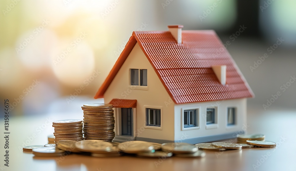 Poster Small model house surrounded by stacks of coins on a wooden table in a bright indoor setting : Generative AI