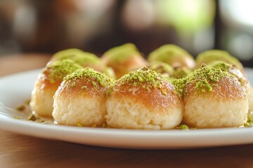 Mouthwatering Indian sweet dish featuring soft dough balls topped with crushed pistachios and...