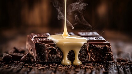 Obraz premium Pouring Cream Over Dark Chocolate Bar on Rustic Wooden Surface