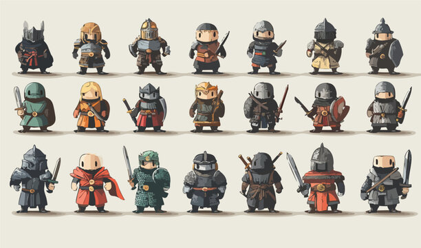set of fantasy warrior avatars, including knights, samurai, and battle-ready character