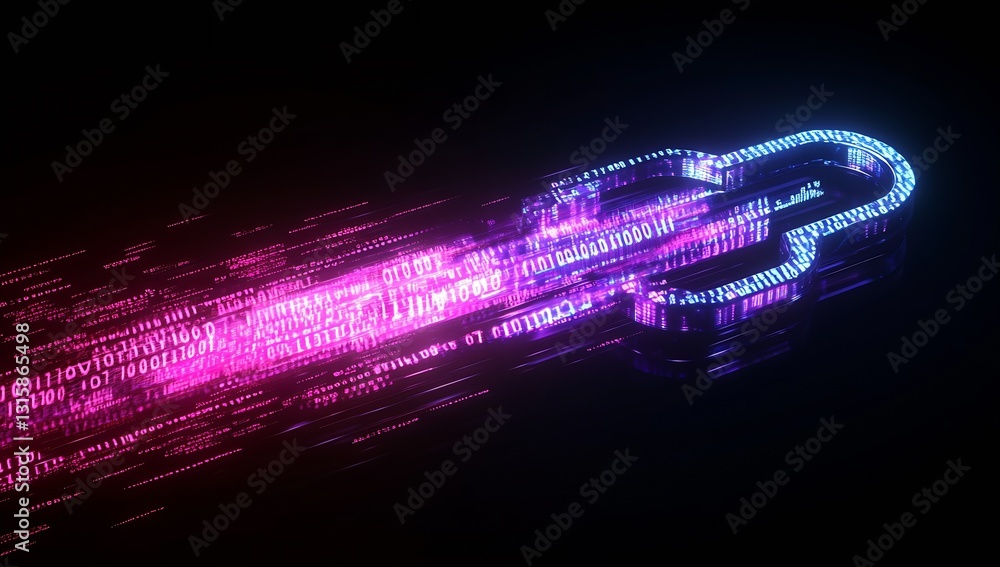 Poster Stylized digital lock symbol composed of flowing binary code lights emphasizing cybersecurity themes : Generative AI