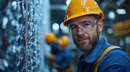 Factory worker inspects metal panels. Possible use Stock photo for industrial safety or manufacturing