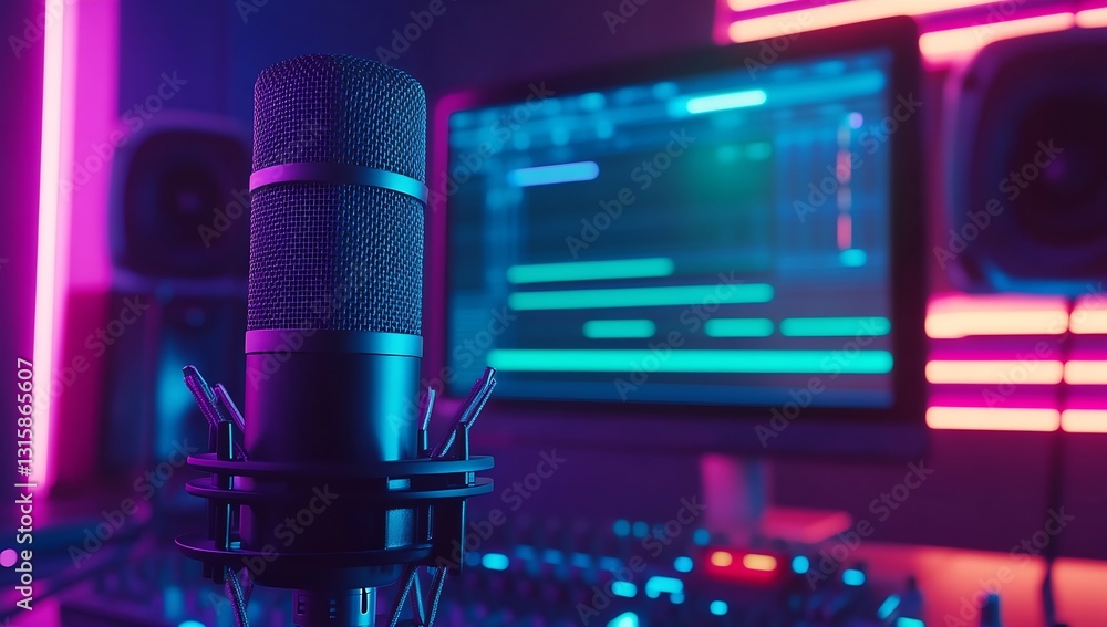 Poster Close-up of vibrant microphone in high-tech music studio with audio editing screen : Generative AI