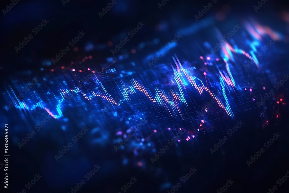 Poster vibrant abstract waves of financial data with glowing blue and pink elements : generative ai