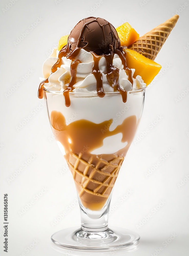 Poster tempting ice cream dessert with chocolate ball and mango garnished in cone : generative ai