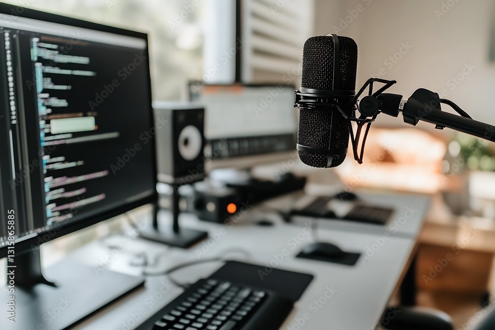 Poster Close-up of a microphone setup in a modern recording studio showcasing advanced audio technology and equipment : Generative AI