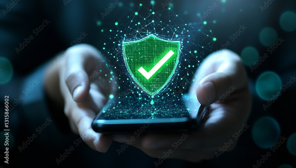 Fototapete Hands holding smartphone with digital security shield symbol representing data protection and privacy : Generative AI