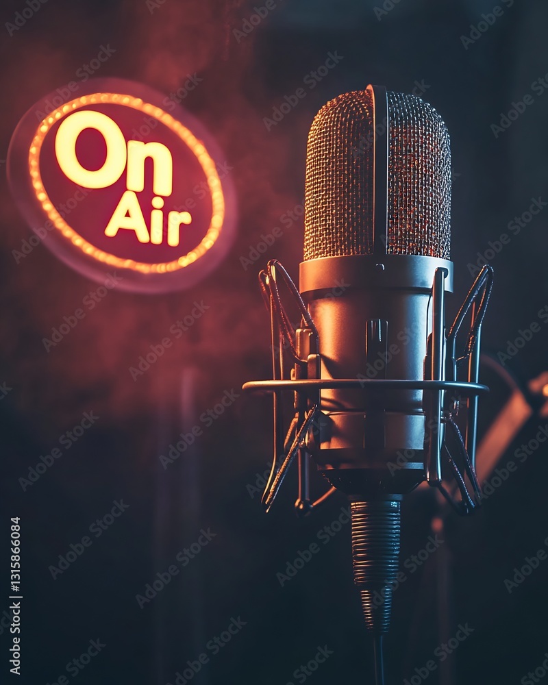 Aufkleber Close up of a sleek microphone paired with vibrant On Air sign highlighting a dynamic audio recording setting : Generative AI