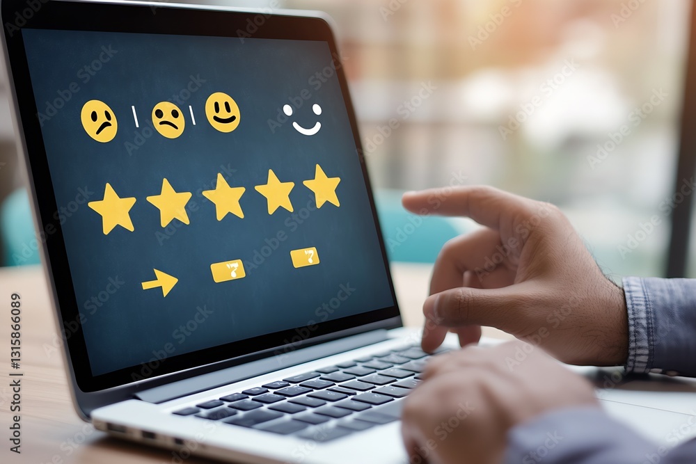 Poster Hand pointing at glowing five-star ratings on laptop display emphasizing user experience and feedback in modern office : Generative AI
