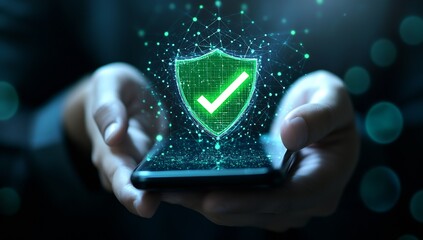 Hands holding smartphone with digital security shield symbol representing data protection and privacy : Generative AI