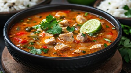 Spicy Tom Yum soup with fish, lime, and cilantro in a bowl. Perfect for illustrating articles about Thai cuisine or healthy eating.