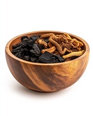 Obraz premium Natural Dried Herbal Ingredients in a Beautiful Wooden Bowl for Culinary and Medicinal Uses : Generative AI