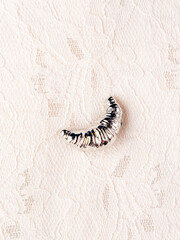 Close up of silver croissant brooch on white background