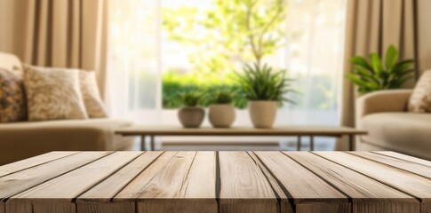 A rustic wooden table in a bright living room with a blurred background, featuring cozy furniture and indoor plants. Ideal for product display, interior design, and home decor concepts