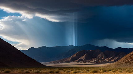 A shaft of light illuminates the bottom of a dark mountainside in the desert with dark blue clouds looming overhead