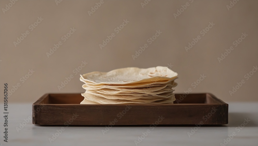 Poster minimalist presentation of flatbreads on a wooden tray against a neutral background : generative ai
