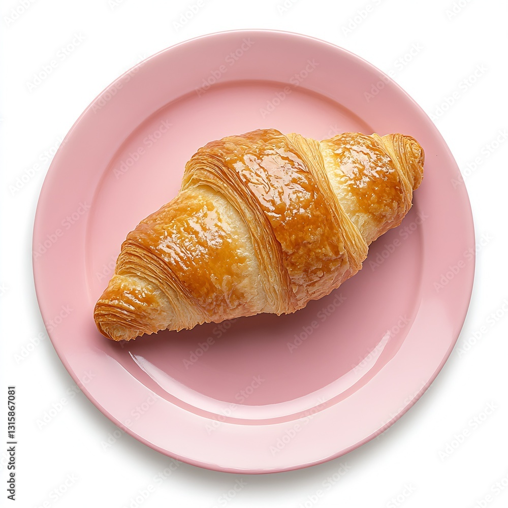 Poster delicious golden croissant resting on a pink plate creating a delightful breakfast scene : generativ