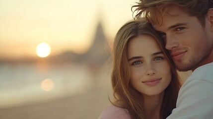 Romantic sunset moment beachside couple portrait coastal close-up love